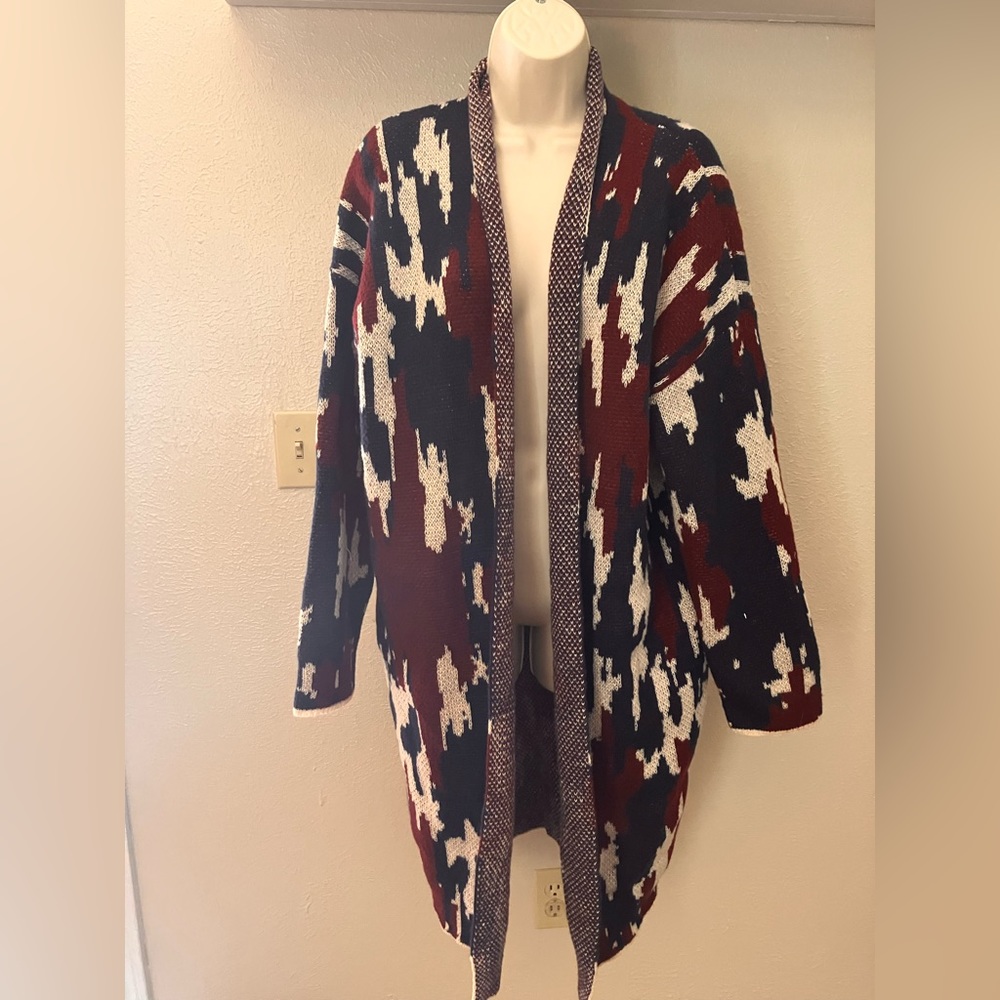 Navy, maroon, & cream southwest boho style cardigan sweater with pockets NWT